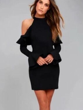 Free People Elegant Dark Blue Mini Cold Shoulder Ruffle Sleeve Dress